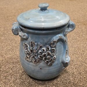 Light Blue Ceramic Lidded Decorative Jar with Grape Relief